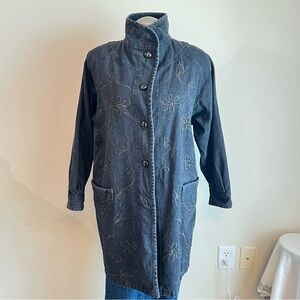 Denim coat jacket with embroidery and button up front